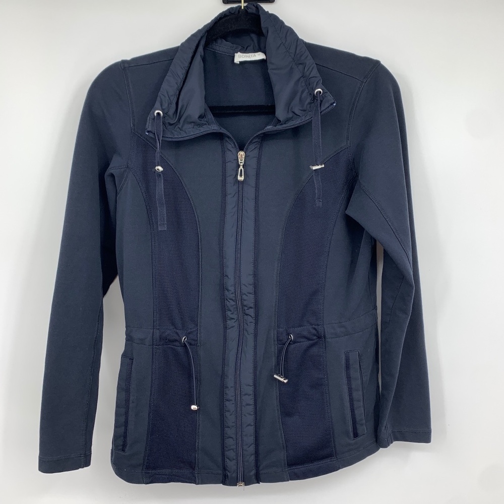 Bonita Womens‎ Medium Full Zip Jacket Drawstring Waist Long Sleeve Stretch Blue